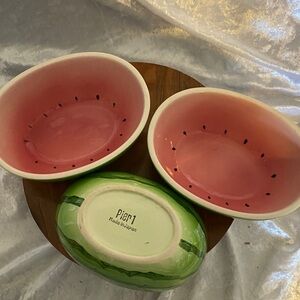 Pier 1 Green & Pink Watermelon Ceramic Bowl Set
